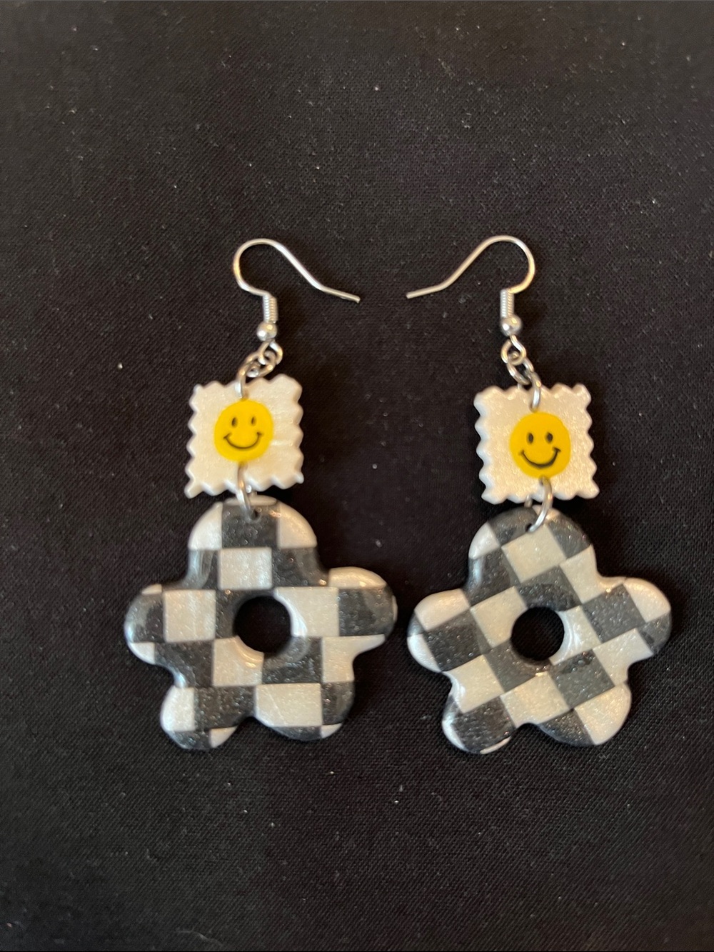 Black & White Checkered Flower Earrings with Yellow Smile Accents